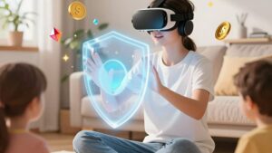 Человек в VR-очках активирует защитный щит, обеспечивая безопасный старт в геймифицированных чатах 2026