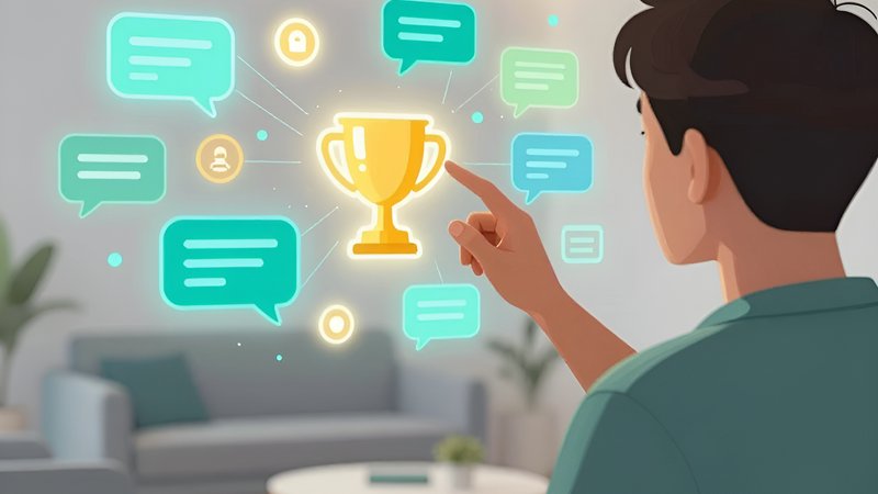 Человек выбирает золотой трофей в интерфейсе, изучая гайд по выбору геймифицированного чата 2026